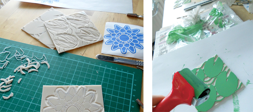 Linosnijden en drukken van de print met waterlelies.